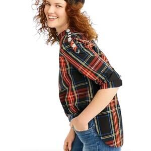 J. Crew Funnel Neck Jeweled Button Tartan Red and Black Plaid Top Size 2